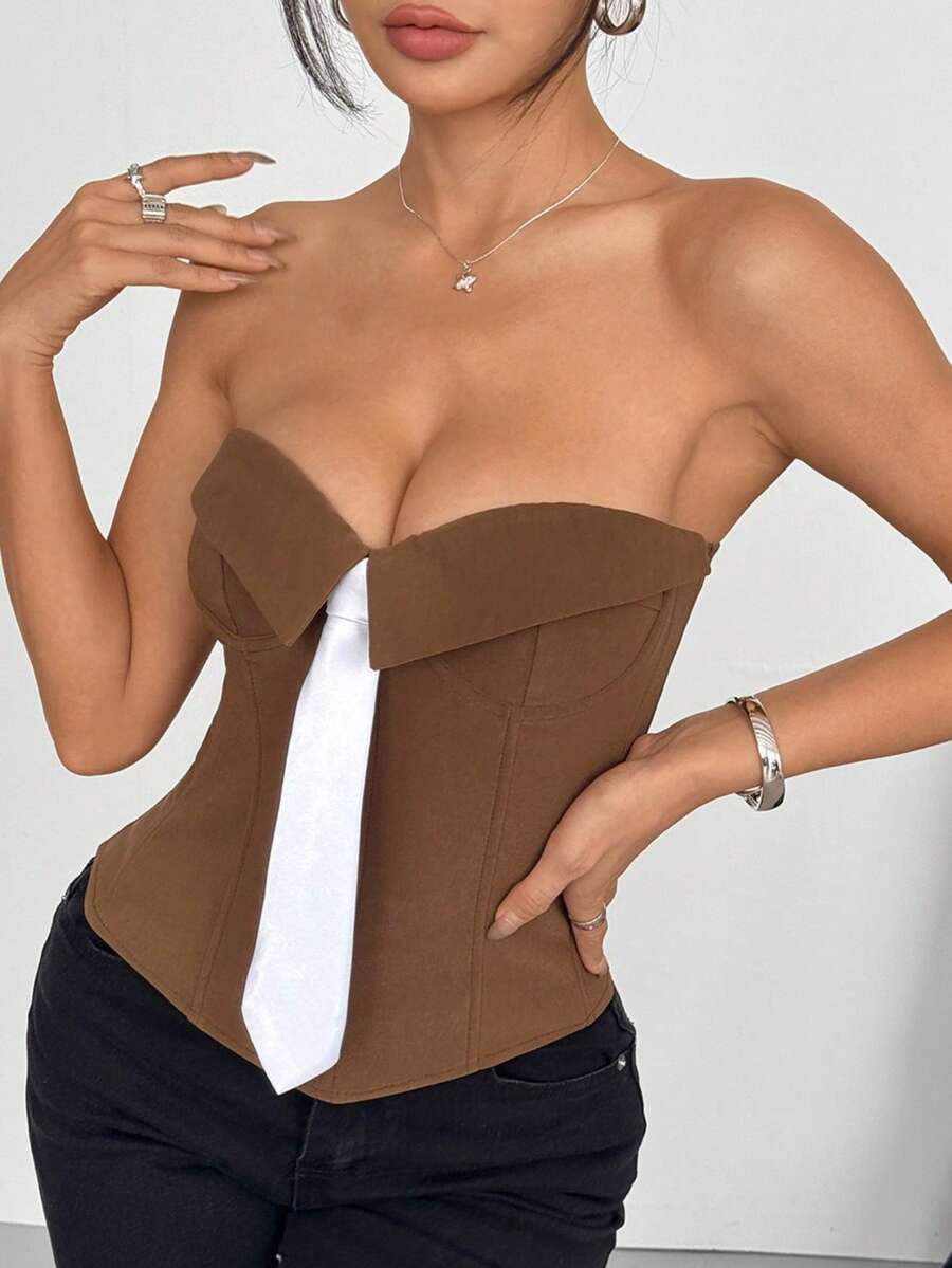 Modern Plain Tray Top With Bow, Girl Style For European Street Looks - Brown - View 1