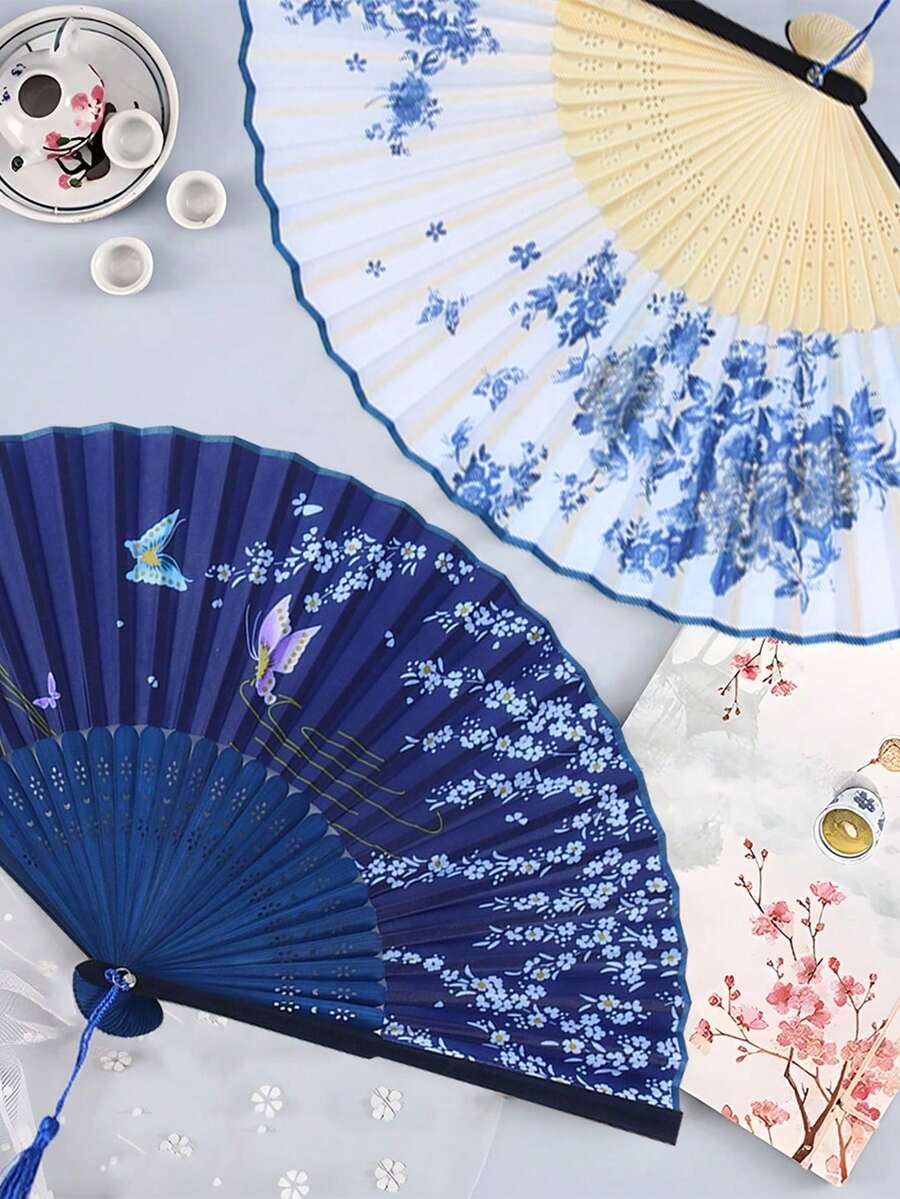1pc Floral Butterfly Print Folding Hand Fan, Suitable For Chinese Or ...