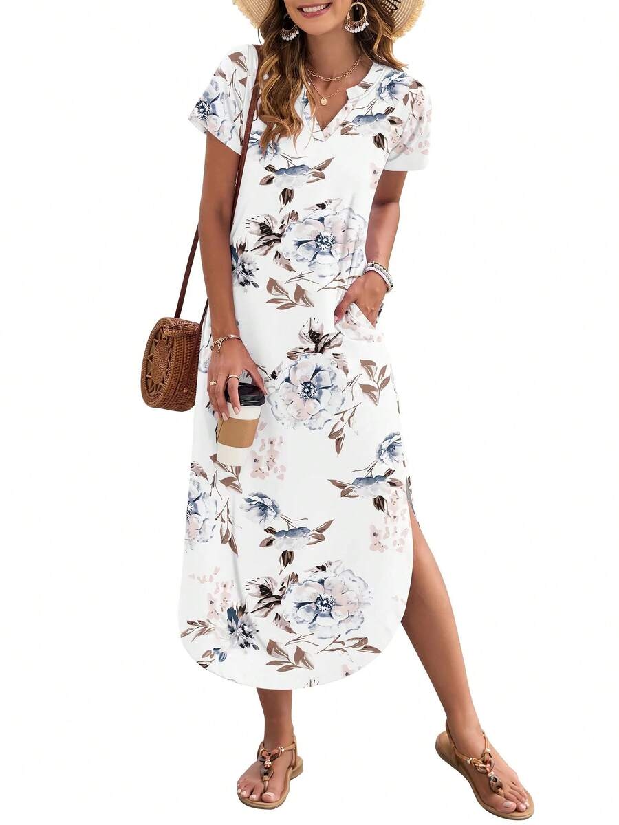 Vestido maxi para mujer OutfitShow con bolsillos, casual, de manga corta y cuello en V, para verano. - Blanco - Ver 1
