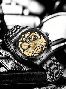 1pc Men's Watch 41mm Case Fashion Hollow Mechanical-Style Dial Luminous Rivet Luxury Clock Stainless Steel Band Original Quartz Movement Real Calendar Sport Fashion Casual Business Suitable For Home Decor And Men's Gift Classic Men's Wrist Watch - Black - View 3