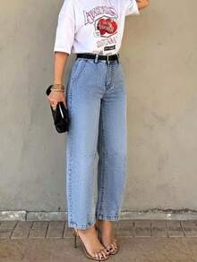 New Y2K Style Women's Cropped Straight Leg Jeans, Light Wash, Button Detail, Medium Stretch, Suitable For All Seasons - Medium Wash - View 2