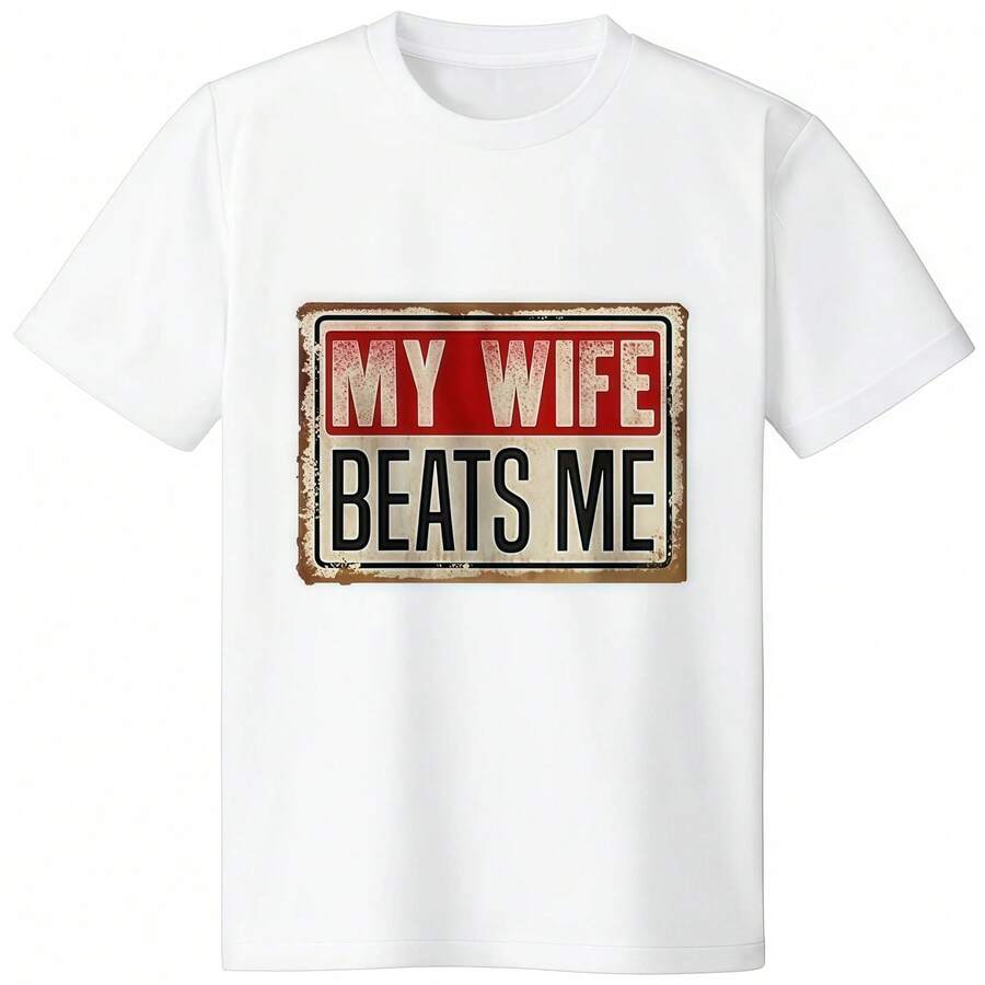 Short-Sleeved Cotton T-Shirt, Funny T-Shirt With The Phrase "My Wife Hits Me", Husband T-Shirts With The American Flag, Men's T-Shirt. - 白色 - 查看 1