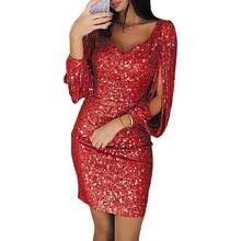 New Sexy Sequin And Fringe Long Sleeve Nightclub Party Dress - Merah - View 1