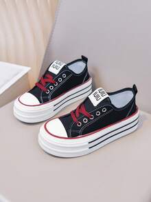 1 Pair 2026 New Thick Sole Canvas Shoes For Girl, Black & Red Color Block Platform Sneakers, Versatile Breathable Casual Skate Shoes For Girls - Burgundy - View 1