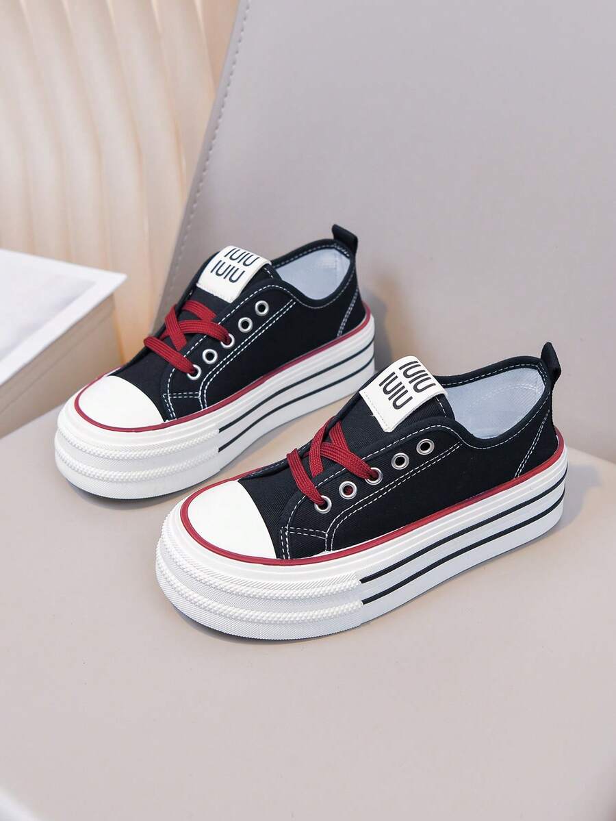1 Pair 2026 New Thick Sole Canvas Shoes For Girl, Black & Red Color Block Platform Sneakers, Versatile Breathable Casual Skate Shoes For Girls - Burgundy - View 1