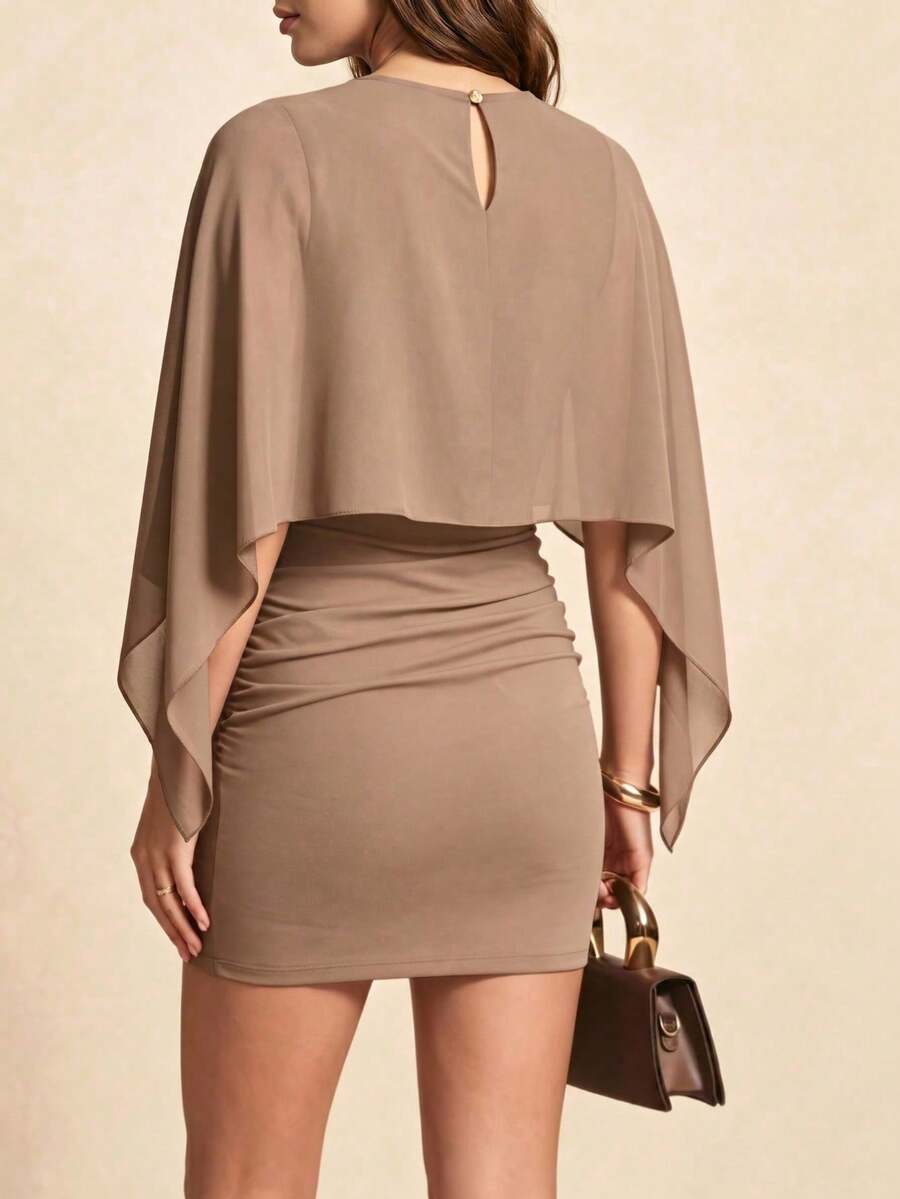 2-In-1 Solid Color Mini Dress With Batwing Sleeves And Splicing, Lightweight, For Date Nights, Vacations, Birthday Parties And Everyday Wear - Orange - View 1