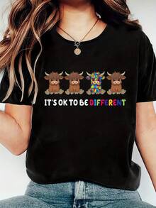 Camiseta Casual de Manga Corta con Cuello Redondo para Mujer |   Tela suave y elástica, estampado único, con el mensaje inspirador "Está bien ser diferente" - perfecto para primavera y otoño - Negro - Ver 1
