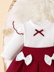 Baby Girl Fashion Bow Flutter Sleeve Top And 3D Bow Pleated Fashion Skirt - White - View 3