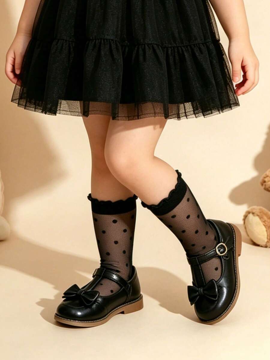 1雙女嬰波點提花中筒襪，春夏超薄透氣薄紗襪，日常百搭萬用襪 - 黑色 - 查看 1