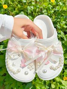 12 pièces Accessoires de nœud rose grand, petite chaîne perlée, charms de chaussures détachables en forme d'ours mignon, boucles de chaussures, décoration de chaussures DIY, élégant et à la mode, convient pour les sandales perforées, les pantoufles, parfait comme cadeau de vacances - Rose bonbon - Voir 5