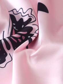 2pcs Women's Satin Butterfly Print Pajama Set, Long Sleeve Lapel Top And Bowknot Long Pants - Pink - View 11
