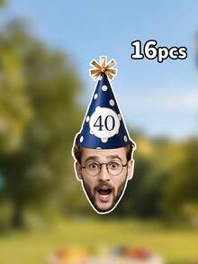 8/16/24pcs Customized Photo Age Party Hat Banner, Multiple Fun Party Hat Styles, Personalized 40th Milestone Surprise Birthday Banner, Wall Hanging Decor, Home Decoration, 30th/40th/50th/60th Birthday Party Bunting - Multicolor - View 11