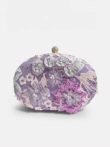 Damen Abend Clutch Tasche, ovale Hartschalen Rahmen Clutch, Vintage romantischer Feenstil, geeignet für Hochzeit, Cheongsam, Brautparty, zufällige Schnittposition - Mauve - Übersicht 3
