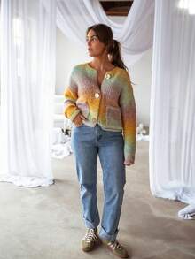 Cardigan Rajut Pelangi Wanita, Dengan Kancing dan Saku, Sweater Pendek Lengan Panjang, Cocok untuk Dipakai di Musim Gugur/Musim Dingin - MultiWarna - View 3