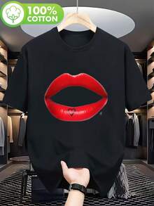 Images Of  Men's T-Shirts Show A Pair Of Lips Painted With Bright Red Lipstick. Lips Differential, Weekend Casual Wear, Streetwear, Printed T-Shirt - 黑色 - 查看 1