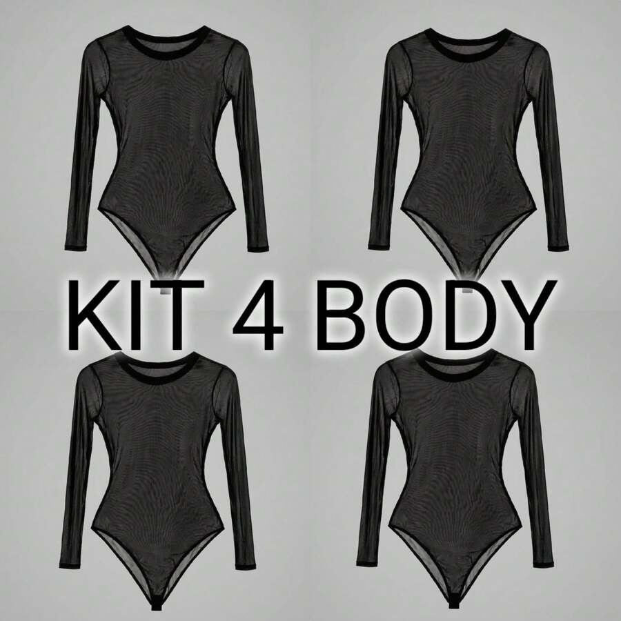 Basic Tulle Bodysuit With Long Sleeves - Fall/Winter 2025 Fashion - 4UN+BLACK - View 1