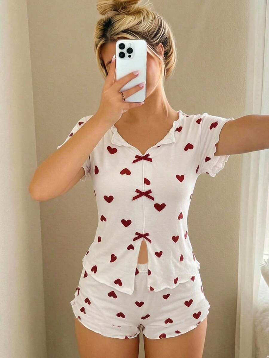 Red Heart Pattern Floral Print Ear Cover Bow Decor Short Sleeve Set, Sweet And Cute, Short Sleeve Shorts Pajama Set - White - View 1