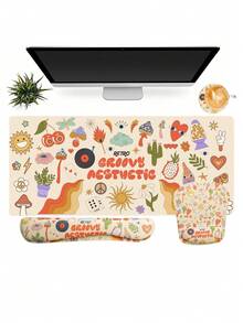 Retro Doodle Desk Mat Set - Large Pink Aesthetic Gaming Mouse Pad With Keyboard & Mouse Wrist Rest, Non-Slip Waterproof Extended Desk Pad With Cute 70s 80s Stickers, Rainbow & Music Design For Teen Girls & Gamers - View 10