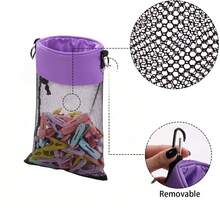 1-2pcs Mesh Clothespin Bag With Drawstring Closure, Hanging Clothes Peg Holder With Strap And Metal Hooks, Wide Mouth Laundry Storage Organizer - Multicolor - View 9
