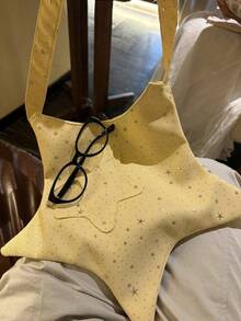Korean Style Cute Star Pattern Rhinestone Soft Crossbody Bag, Yellow Canvas, Convenient For Outings, Multifunctional Zipper Phone Pouch, Shoulder Bag, Lightweight, Stylish, Versatile, Cute - Yellow - View 5