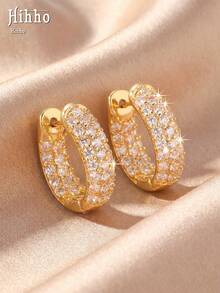 Hihho 1 Pair Elegant Luxury Cubic Zirconia Inlaid Gold Earrings, Exquisite Accessory For Women's Holiday Party - Full Zirconium U-shaped - View 5