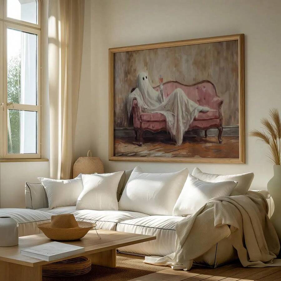 1pc Framed/Unframed Vintage Ghost Cocktail Funny Canvas Poster Spooky Halloween Bar Cart Kitchen Wall Art Print Pink Academia Decor Retro Painting For Dining Room,Living Room,Bedroom,Modern Home Decoration - A - View 1