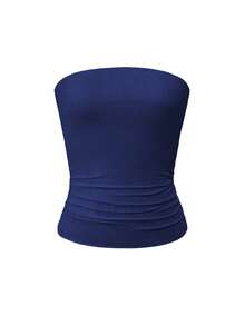 Women's Plus Size Summer Sexy Fitted Knit Tube Top Solid Color - Navy Blue - View 3