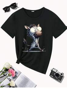 Pure Cotton T-Shirt, Surprise Zebra Print, Stylish Women's Clothing, Curvy Women's Clothing, Cute Outfits, Sexy, Women's Vacation Wear, Cosplay, Many Koreans Bought It - 黑色 - 查看 4