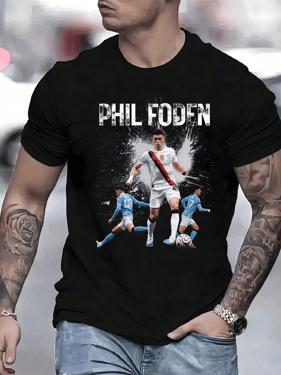 Fútbol pasión con jugador en acción y energía explosiva camiseta de hombre moderna para fanáticos del deporte urbano - Negro - Ver 1