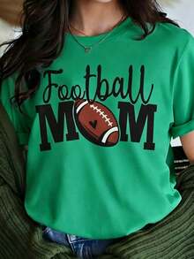 Women's Casual Blouses: White T-Shirt With "Football MOM" Graphic And Heart Detail, Short Sleeve American Football Sports Shirt, Game Day Top, Casual Blouse - 綠色 - 查看 1