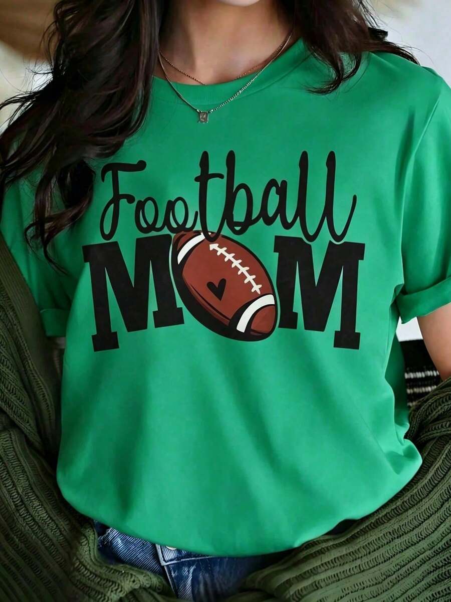 Women's Casual Blouses: White T-Shirt With "Football MOM" Graphic And Heart Detail, Short Sleeve American Football Sports Shirt, Game Day Top, Casual Blouse - 綠色 - 查看 1