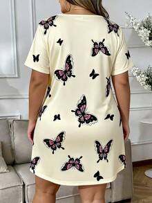 Nuisette élégante et belle avec imprimé papillon, grande taille, manches courtes, short court, robe de nuit grande taille, tenue d'intérieur, convient pour le printemps et l'été - Multicolore - Voir 2