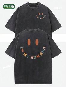 1PC IN MY MOMERA Camiseta de Algodón Estampada con Diseño Creativo de Cara Sonriente, Hombros Caídos, Estilo Retro Urbano, Básica, Holgada, Hip-Hop, para Hombre y Mujer, Camiseta de Manga Co - Negro - Ver 1