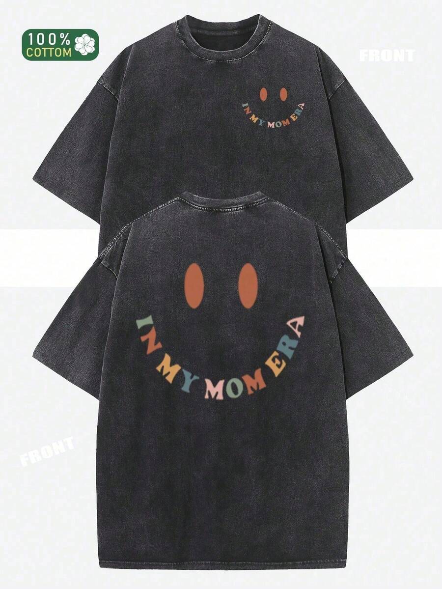 1PC IN MY MOMERA Camiseta de Algodón Estampada con Diseño Creativo de Cara Sonriente, Hombros Caídos, Estilo Retro Urbano, Básica, Holgada, Hip-Hop, para Hombre y Mujer, Camiseta de Manga Co - Negro - Ver 1