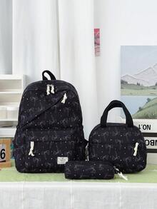 3-Piece Set - Back To School Bow Print Backpack Set, Large Capacity Nylon School Day Bag, With Lunch Bag And Pencil Case, Multi-Pocket Casual Backpack, Lightweight Bookbag, Suitable For Students/Graduates/Young People, Perfect For Back To School/Daily/Shopping/Short Trips And Outdoor Leisure Activities - Multicolor - View 13