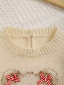Baby Girl Cute Cartoon Bear Pattern Plaid Bow Decor Knit Crew Neck Pullover - Beige - View 2
