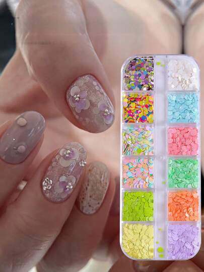 Glitter Kuku Gaya Krim Macaron 12 Kotak, Payet Bunga Berwarna-warni dengan Ukuran Campuran dan Titik-titik Bulat, Warna Lembut dan Terang, Desain Serbaguna, Kuku Tempel DIY, Bahan Dekorasi Kuku Gel, Penggunaan Salon Kuku Profesional dan Rumahan