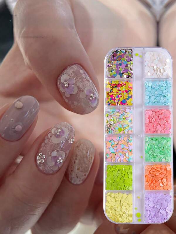12-Grid Macaron Cream Style Nail Glitter, Mixed Size Round Polka Dot Colorful Floral Sequins, Gentle Light Color Versatile Design, DIY Press-On Nails, Gel Nail Decoration Material, Professional Nail Salon And Home Use