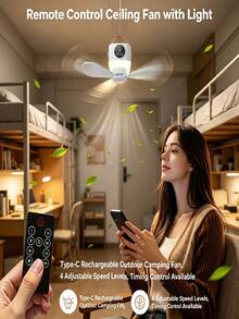 戶外露營便攜式掛式帳篷風扇，附超亮 LED 燈，大容量可充電電池迷你掛扇，4 段可調風速，定時與遙控控制，Type-C 快充，適用於帳篷、宿舍、臥室、後院、露台、花園 - 1個 - 查看 8