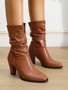 1 Pair Solid Color Retro Street Preppy Casual Punk Microfiber Leather Ankle Boots, Suitable For Office, Party, Wedding, Vacation, All Seasons - Brown - View 4