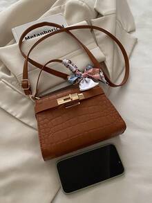 Mini bolso de mano de moda de unicolor con solapa de PU, bolso cuadrado - Marrón - Ver 6