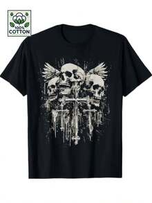 Unisex Gothic Y2K Grunge Emo Aesthetic T-Shirt - Crossed Skull With Wings And Distressed Paint Splatters In White - Retro Heavy Metal Streetwear For Concerts And Casual Wear - 黑色 - 查看 1