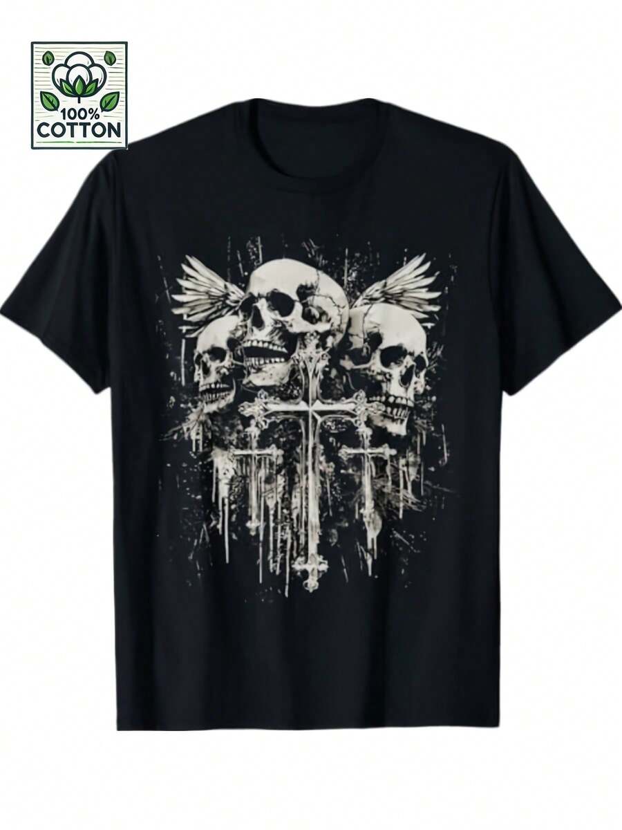 Unisex Gothic Y2K Grunge Emo Aesthetic T-Shirt - Crossed Skull With Wings And Distressed Paint Splatters In White - Retro Heavy Metal Streetwear For Concerts And Casual Wear - 黑色 - 查看 1