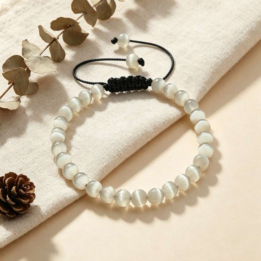 1pc 6mm Cat Eye Stone Bead Bracelet, Multicolor Cat Eye Stone Adjustable Braided Rope Knot Wristband, Women's Couple Style Casual Daily Wear Jewelry Gift - 6mm Cat's Eye - View 1