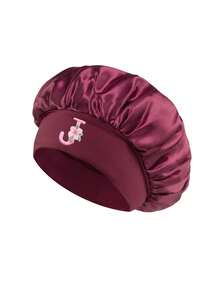 Women's Adjustable Wide Brim Satin Sleep Cap, Floral Letter A-Z Breathable Night Cap, Suitable For Curly And Natural Hair, Sleep Accessory - Burgundy - View 32