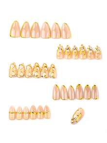 10Pcs Short Almond Press On Nails, Nude Shimmer Cat Eye Fake Nails With 3D Gold Asymmetric Lines, Heart Frame Pearl & Rhinestone Decor, Full Cover Reusable False Nail Tips For Wedding Dating Daily - 彩色 - 查看 3