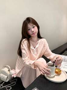Sweet Style Pink Striped Collared Long Sleeve T-Shirt Women's Summer Loose Versatile Youthful Top (Random Stripes, Reversible) - Picture Color - View 1