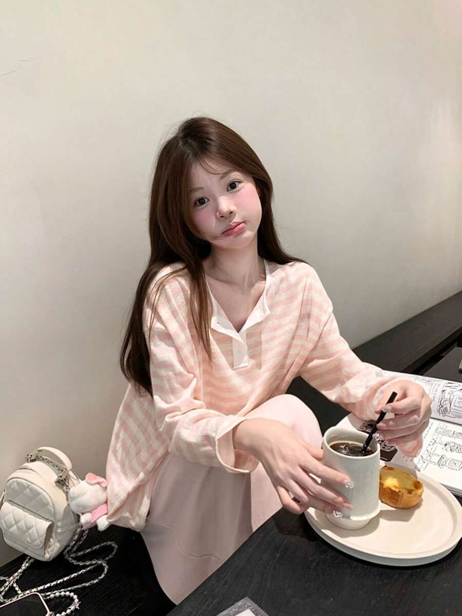 Sweet Style Pink Striped Collared Long Sleeve T-Shirt Women's Summer Loose Versatile Youthful Top (Random Stripes, Reversible) - Picture Color - View 1