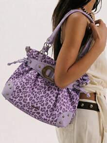 Leopardenmuster Vintage Tragetasche, Y2K Retro Schnallen Schultertasche, Große Kapazität Pendler Boho Handtasche, Geeignet für den täglichen Gebrauch - Braun - Übersicht 5