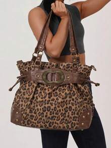 Leopardenmuster Vintage Tragetasche, Y2K Retro Schnallen Schultertasche, Große Kapazität Pendler Boho Handtasche, Geeignet für den täglichen Gebrauch - Braun - Übersicht 7